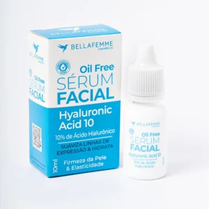 Serum facial oil free Bella Femme com ácido hialurônico para pele oleosa, promovendo firmeza, elasticidade e controle do efeito rebote na pele.