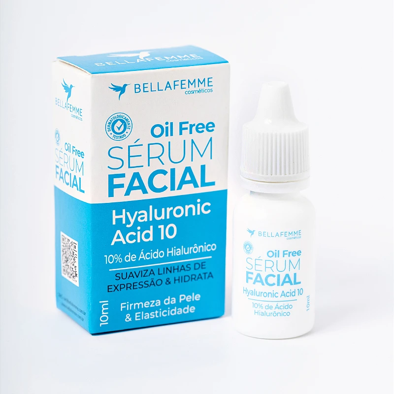 Serum facial oil free Bella Femme com ácido hialurônico para pele oleosa, promovendo firmeza, elasticidade e controle do efeito rebote na pele.