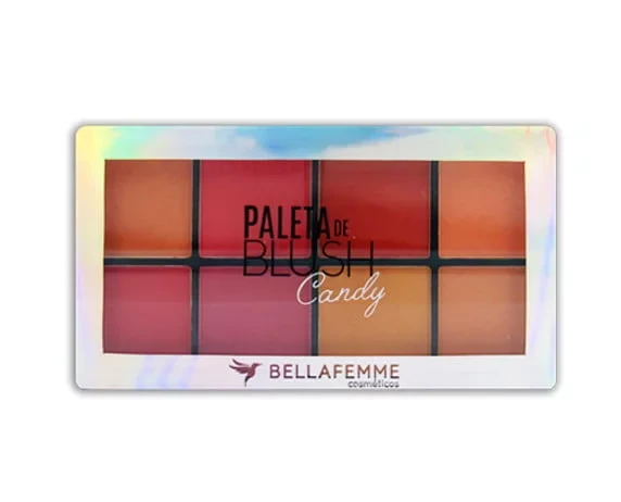 blush liquido: Paleta de blush em tons variados com a marca BELLAFEMME, apresentando a expressão “Candy” na embalagem. Ideal para maquiagem