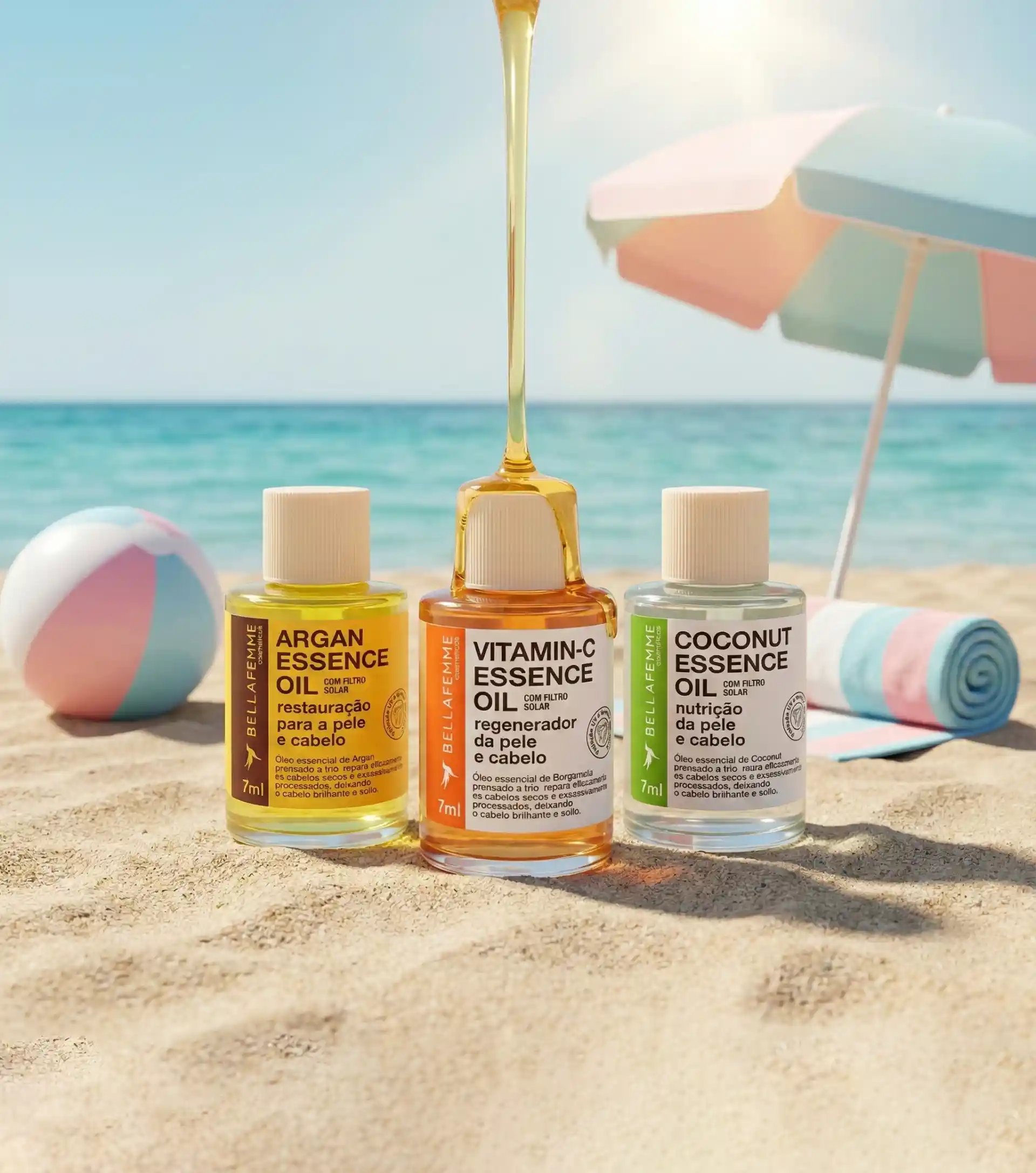 Óleos essenciais de argan, vitamina C e coco para cuidados com a pele e cabelo, mostrado em frascos transparentes com rótulos coloridos. Skin care Bella Femme