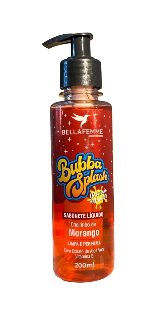 Sabonete líquido sabor morango Bubba Splash, com extrato de aloe vera e vitamina E, apresenta embalagem de 200ml com design vibrante vermelho e pump preta, ideal para skin care, higiene e perfume na pele.
