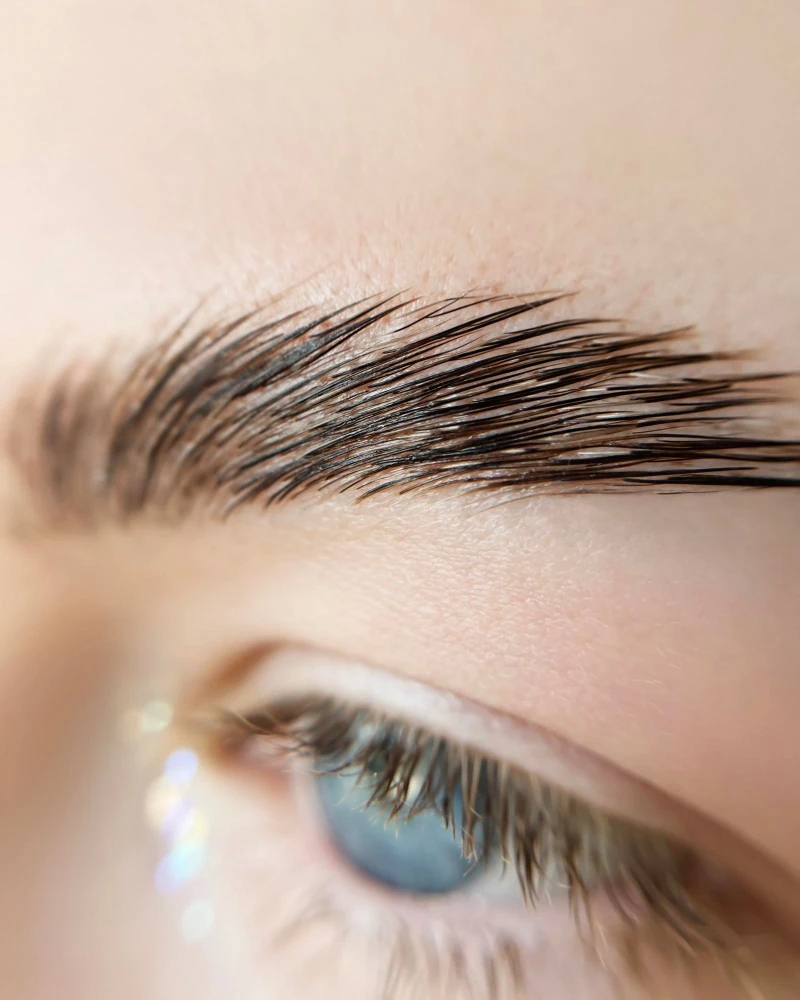 Close-up de um olho com cílios realçados por rímel transparente, destacando a naturalidade e definição das pestanas com efeito sutil.