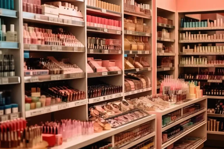 Prateleiras de uma loja de cosméticos com diversos produtos de maquiagem organizados por cores e marcas, ideal para atacado de maquiagem e revenda.