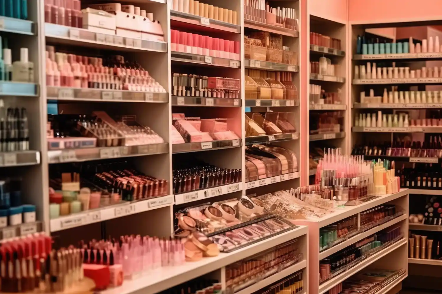 Prateleiras de uma loja de cosméticos com diversos produtos de maquiagem organizados por cores e marcas, ideal para atacado de maquiagem e revenda.