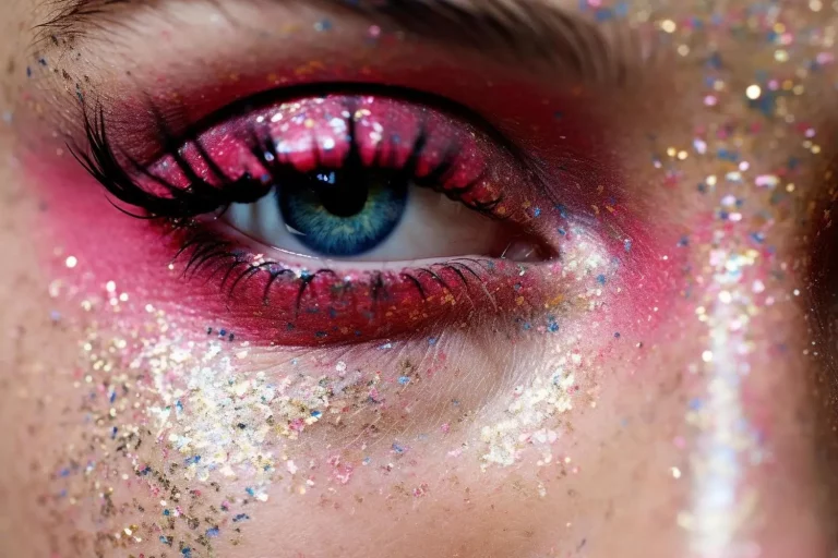 Mulher com olhos azuis maquiada na região dos olhos, usando uma paleta de glitter bem colorida junto da maquiagem e uma sombra pink para destacar.