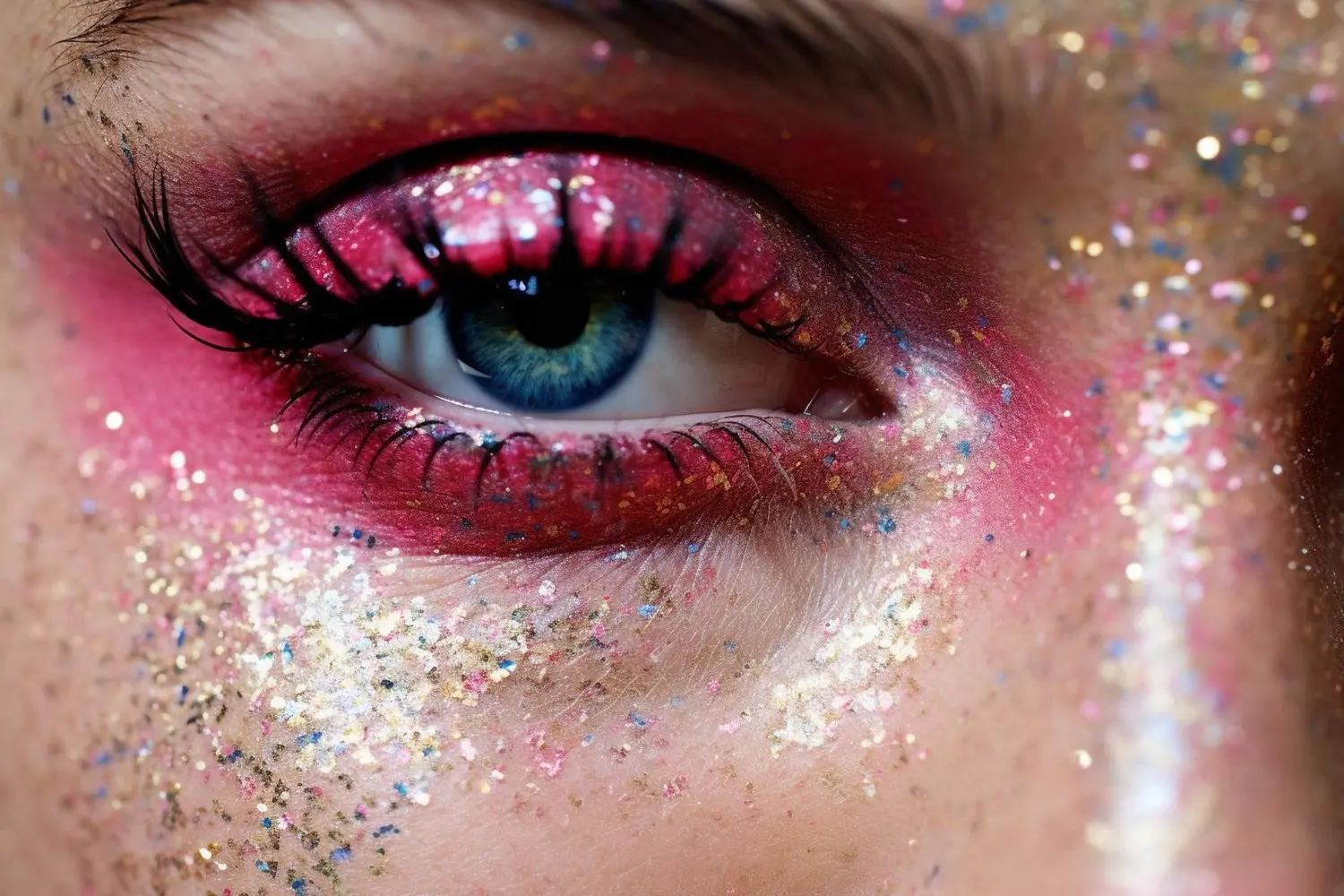 Mulher com olhos azuis maquiada na região dos olhos, usando uma paleta de glitter bem colorida junto da maquiagem e uma sombra pink para destacar.