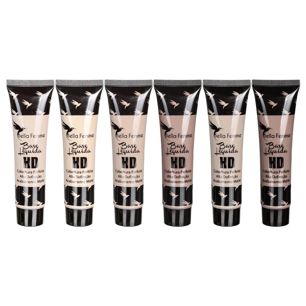 Seis tubos de base líquida HD Bella Femme em diferentes tons de pele com acabamento matte. Conteúdo sobre base para pele oleosa