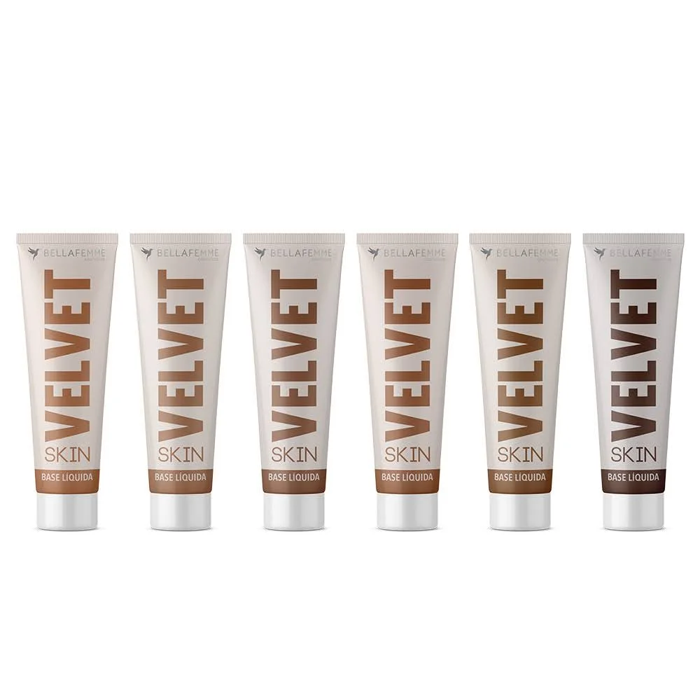 Seis tubos de base líquida Velvet Skin da Bella Femme em diferentes tons de pele. Conteúdo sobre base para pele oleosa