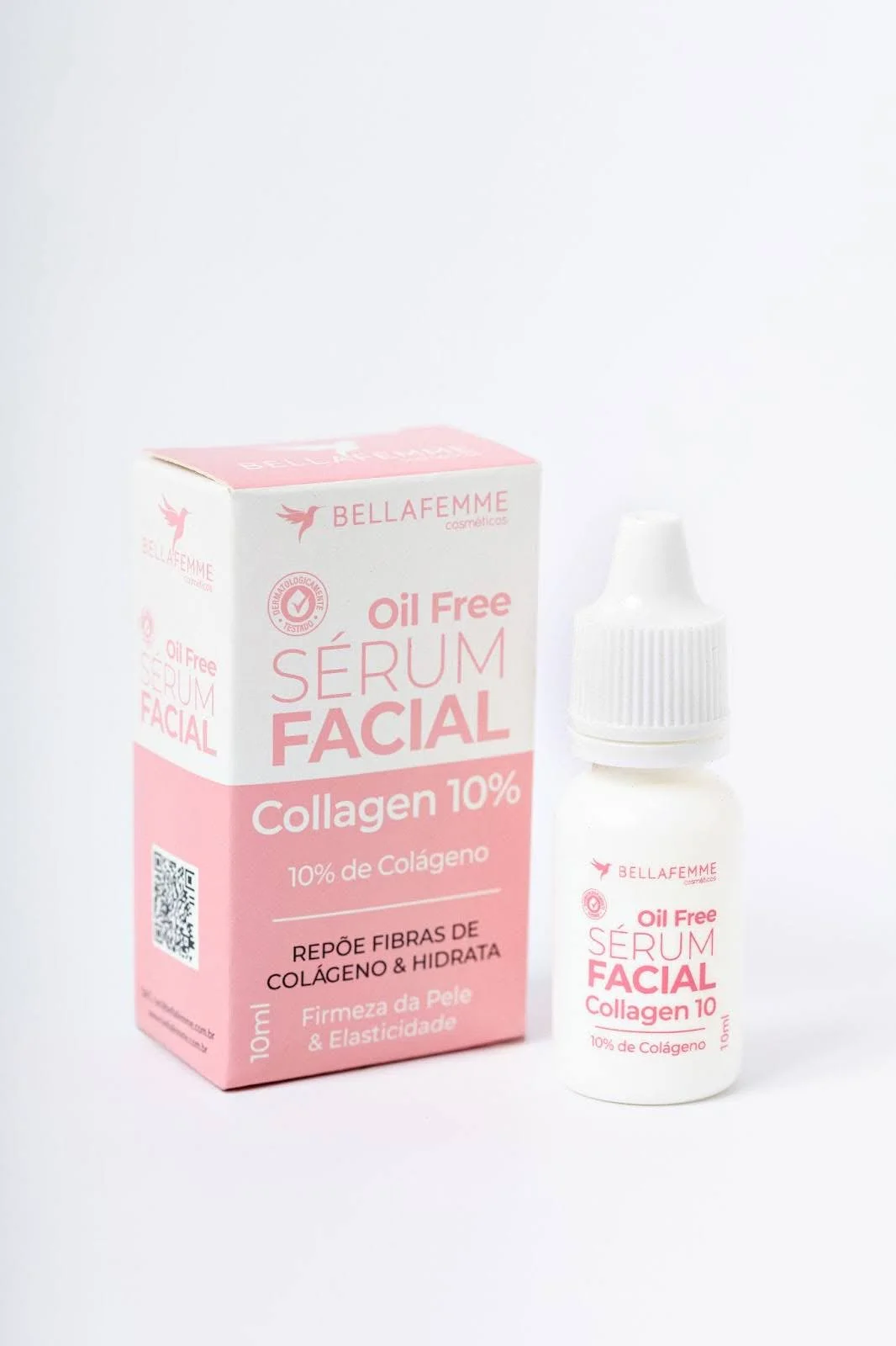 Sérum facial oil free com colágeno 10% da Bellafemme para firmeza e elasticidade da pele, Conteúdo sobre base para pele oleosa Bella Femme