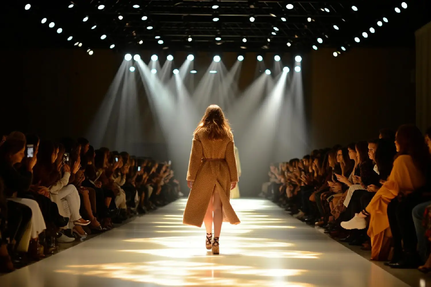 Mulher na passarela em um desfile de moda com pessoas sentadas na platéia.