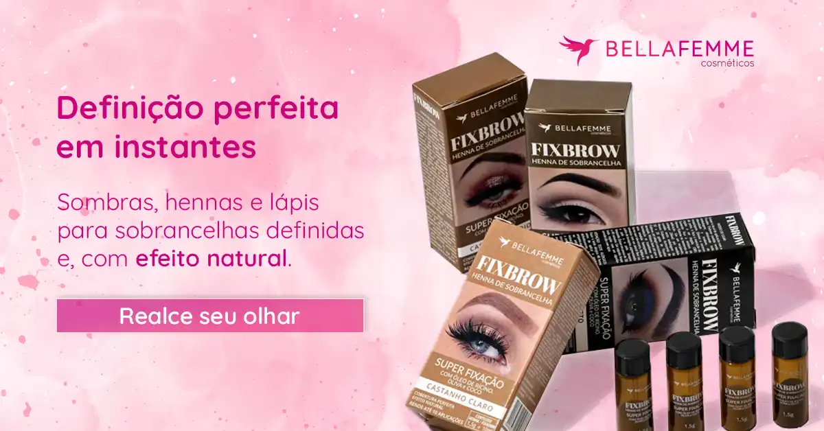 Coleção de produtos de maquiagem para sobrancelhas da Bella Femme, incluindo henna, lápis e púrpura com efeito natural para definição perfeita.