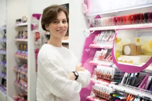 Atendente em loja de cosméticos com prateleiras cheias de maquiagens e batons expostos, ideal para quem busca comprar maquiagem no atacado