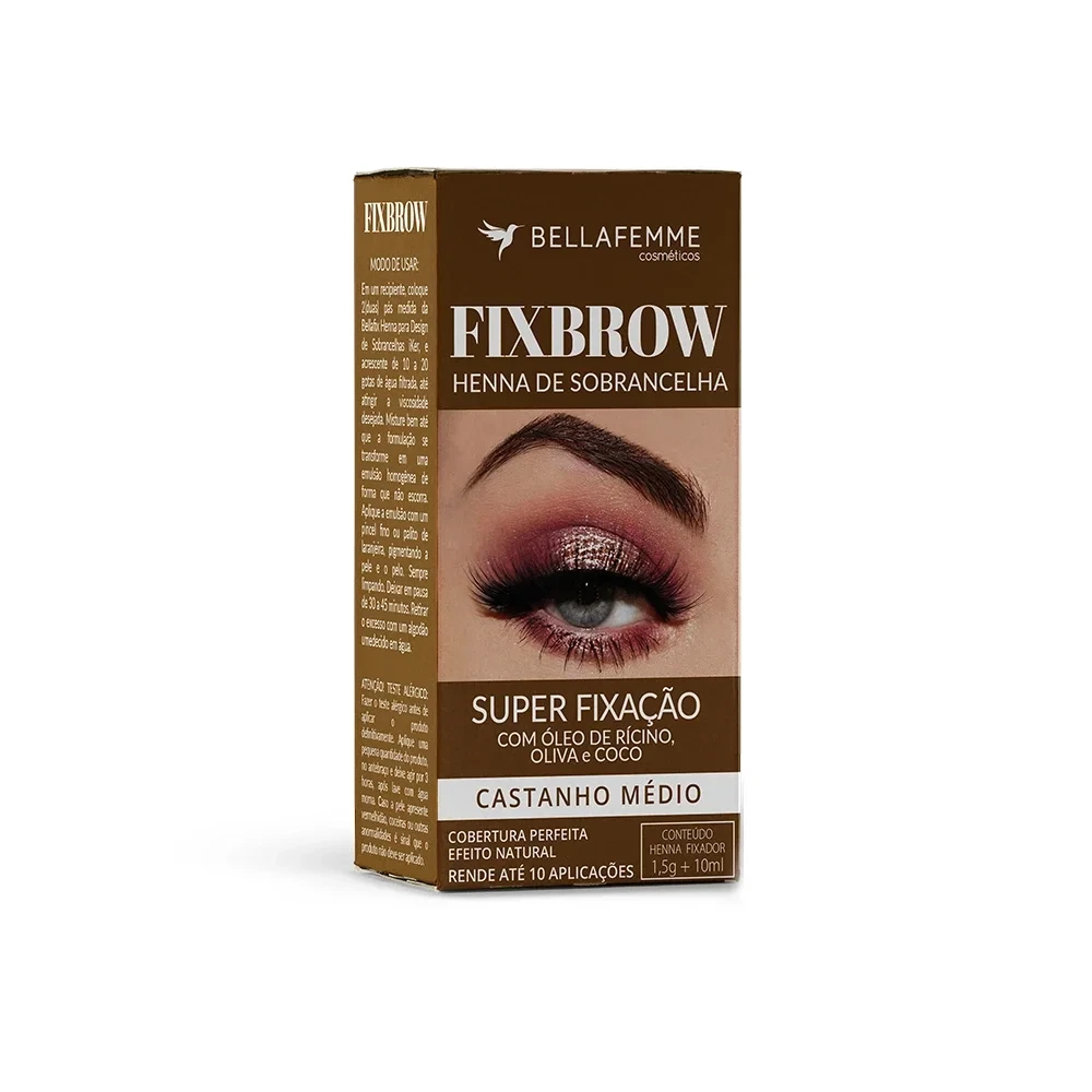 Embalagem de henna de sobrancelha Bella femme Fixbrow, cor castanho médio, com promessa de super fixação e cobertura perfeita, produto para até 10 aplicações.