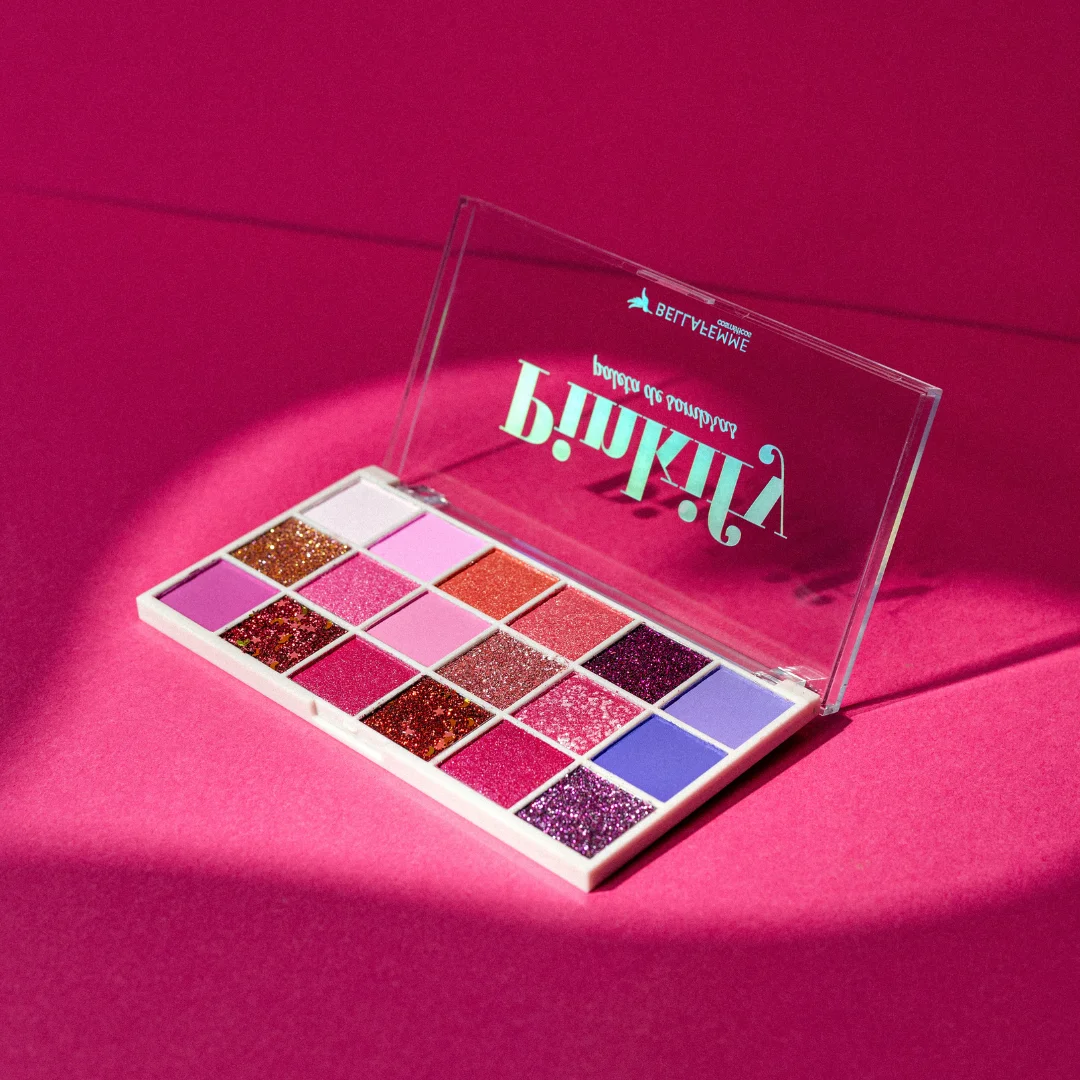 Paleta de sombras com cores rosa, roxo e glitter em fundo rosa vibrante Pinkify Bella Femme