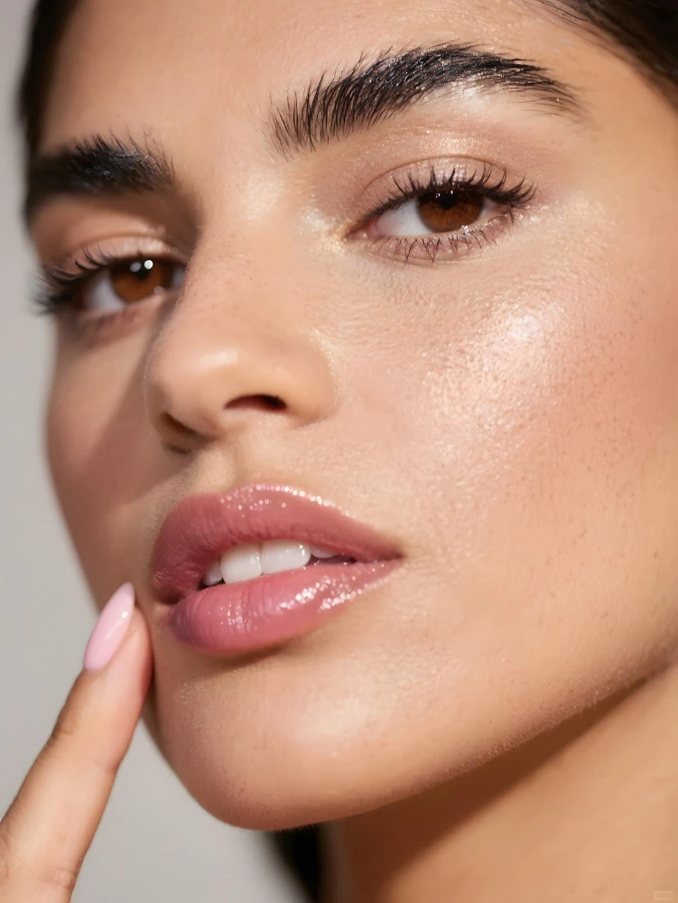 Close-up de rosto de uma mulher com pele radiante, maquiagem natural, cílios destacados e lábios glossados, demonstrando beleza com maquiagem para a boca