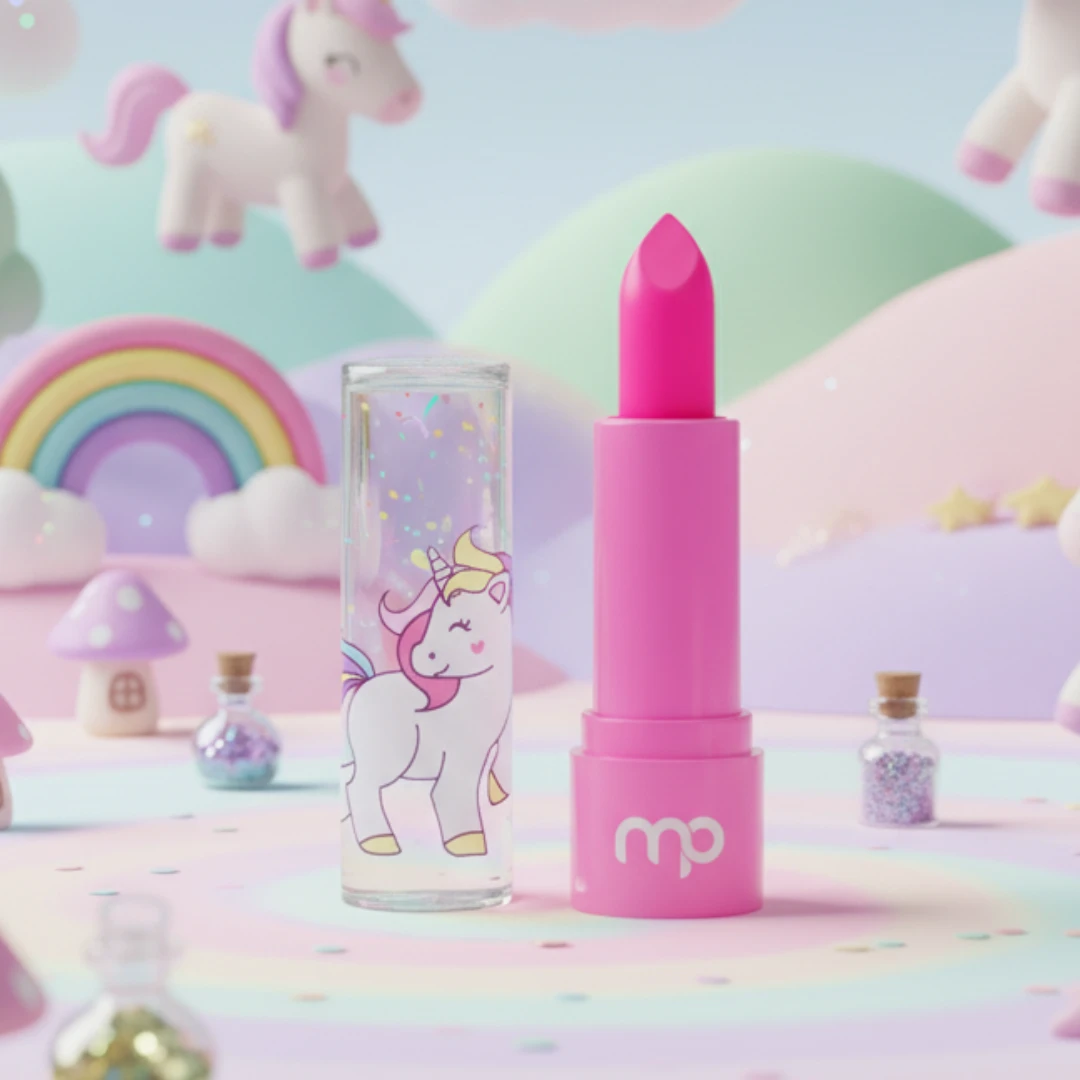 Batom rosa em embalagem infantil com tema de unicórnio e cenário de fundo com arco-íris, nuvens e unicórnios em um ambiente lúdico e colorido, ideal para quem busca marcas de cosméticos para revender, como a maquiagem infantil Maria Pink