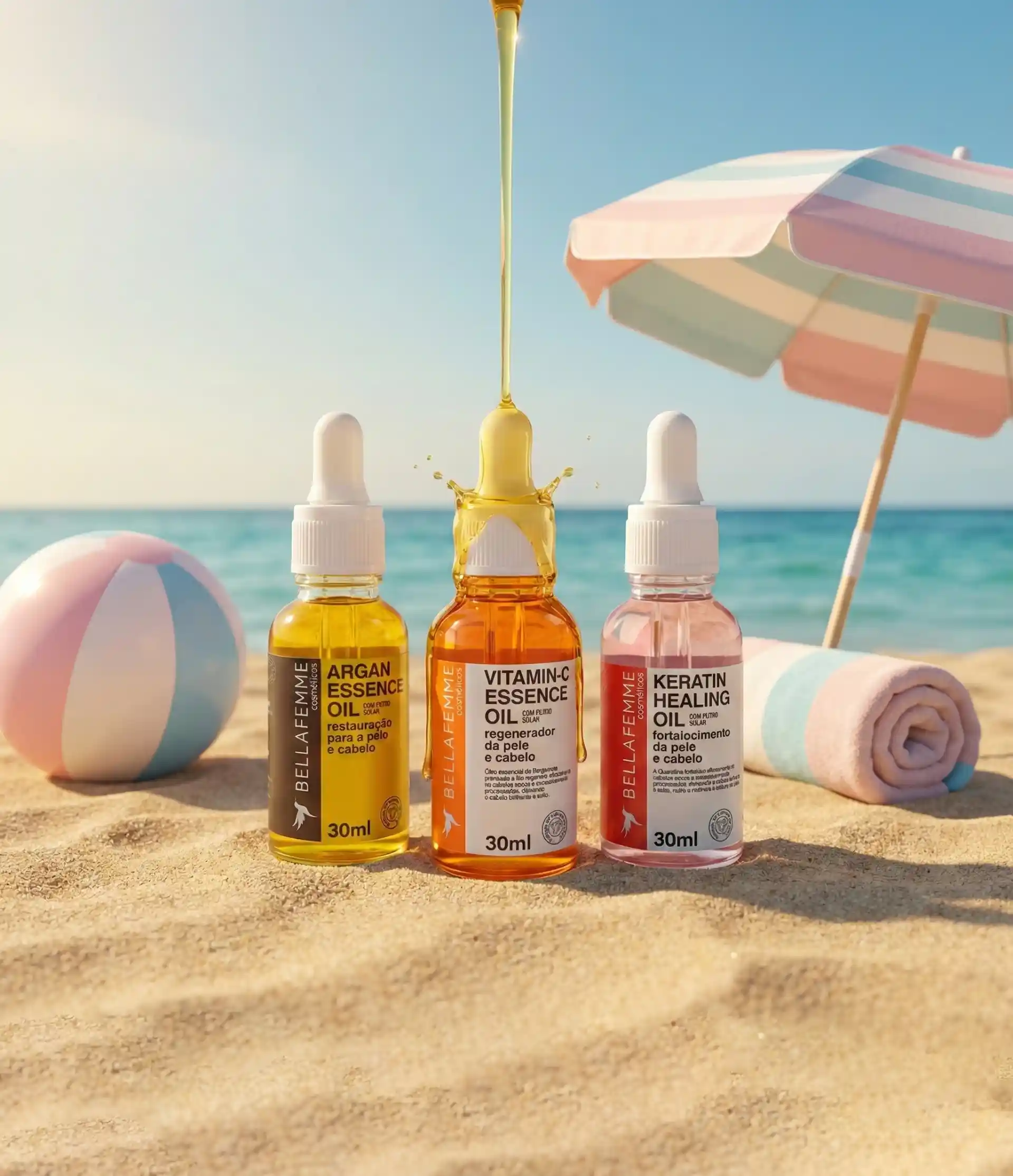 Óleos essenciais de beleza para cuidados com a pele e cabelo na praia, incluindo argan, vitamina C e keratina, ao lado de guarda-sol, toalha e bola de praia. Produtos para cabelo e pele Bella Femme