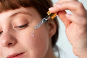 Close de uma mulher aplicando um conta-gotas com sérum ou colírio na pele do rosto, com gotículas escorrendo, ilustrando hidratação da pele e cuidado facial diário.