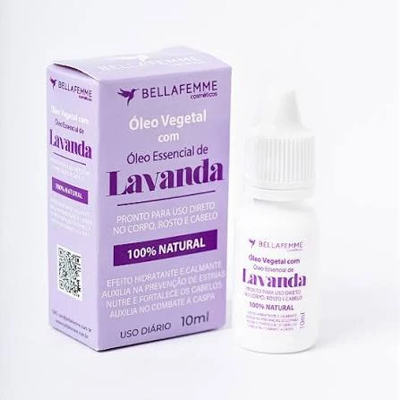 Óleo vegetal com óleo essencial de lavanda da marca Bellafemme, em embalagem e frasco com rótulo “Lavanda”, ideal para banho premium com hidratação