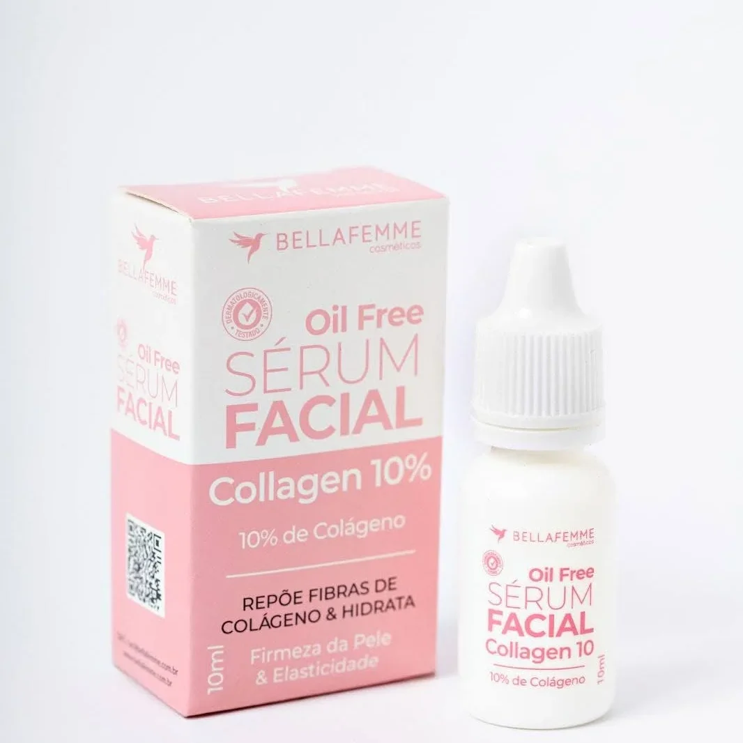 Sérum facial oil free com colágeno 10% da Bellafemme para firmeza e elasticidade da pele, Conteúdo sobre base para pele oleosa Bella Femme